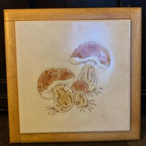Vintage Merry Mushrooms Trivet Ceramic & wood Frame